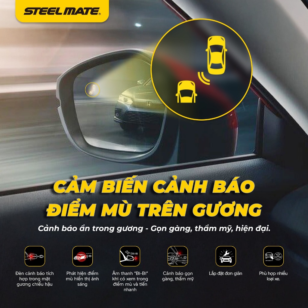 Cảm Biến Cảnh Báo Điểm Mù STEELMATE Công Nghệ 1 Radar Tín Hiệu Trên Gương Chiếu Hậu SBS-MT PRO V2, Bảo Hành 3 Năm