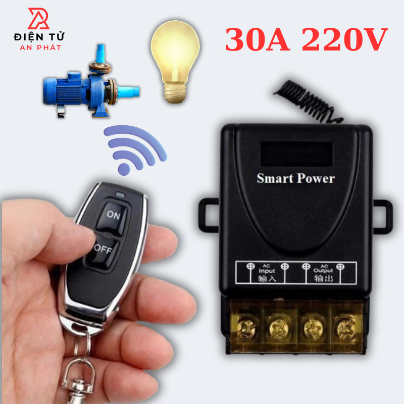 Bộ công tắc bật tắt máy bơm,động cơ từ xa 100m RF 30A, 220V công suốt 3000w, RF 433 MHz học lệnh 4 chế độ.
