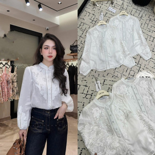 Áo sơ mi thô dài tay thêu hoa nổi cổ tàu cúc bọc#83891