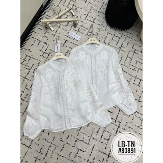 Áo sơ mi thô dài tay thêu hoa nổi cổ tàu cúc bọc#83891
