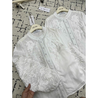 Áo sơ mi thô dài tay thêu hoa nổi cổ tàu cúc bọc#83891