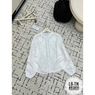 Áo sơ mi thô dài tay thêu hoa nổi cổ tàu cúc bọc#83891
