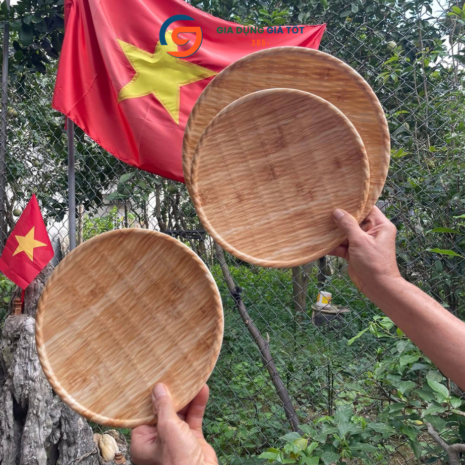 Mẹt nhựa melamin giả vân gỗ tròn - đĩa bày đồ ăn, bún đậu, trái cây, bánh trái, mâm cúng sang trọng