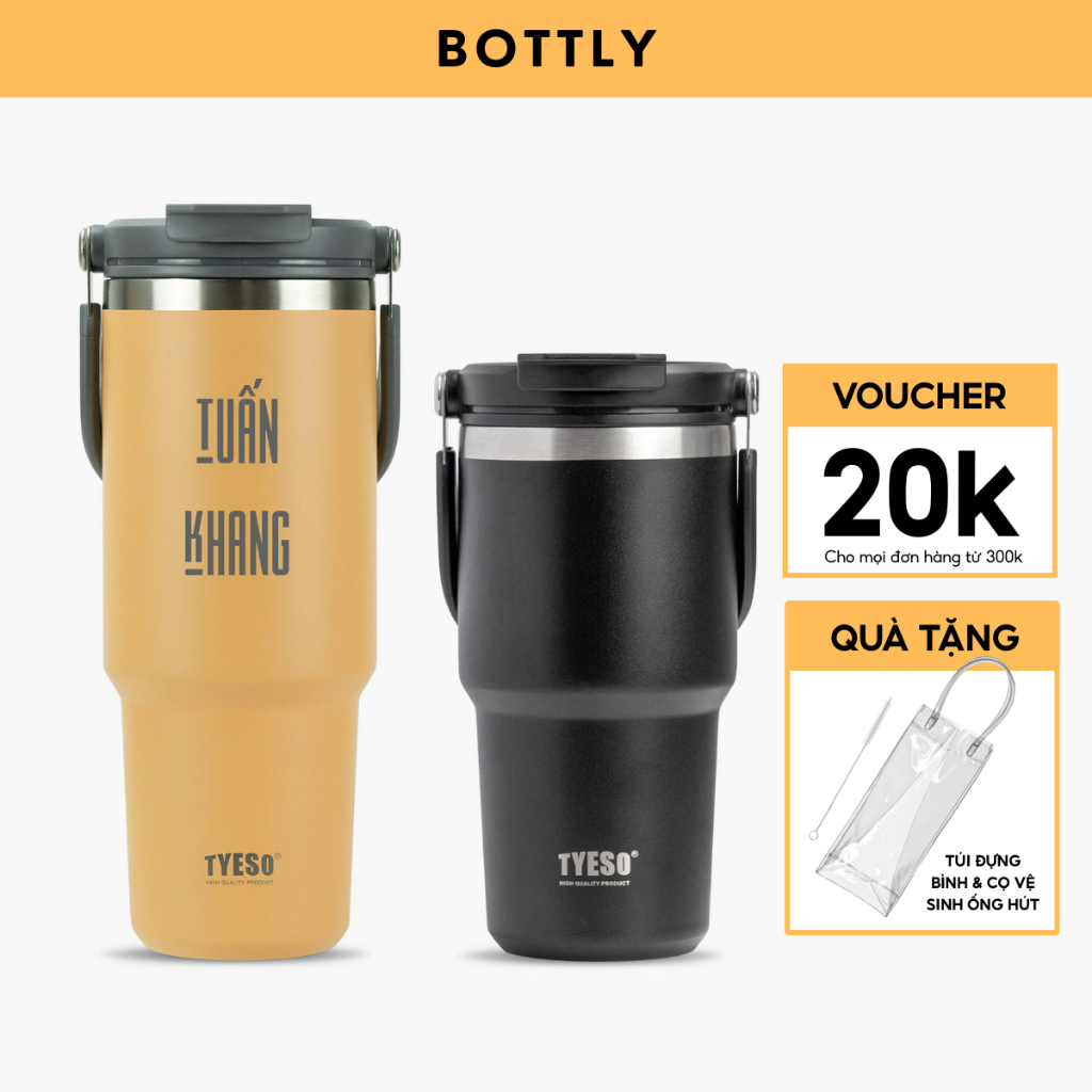 Ly Giữ nhiệt Khắc Tên TYESO Kèm Quai Xách, Ống Hút - Dung tích 600ml - 750ml - 900ml | TS-8828