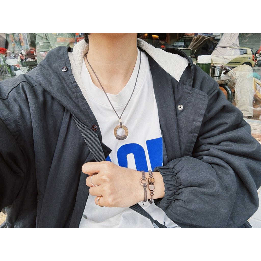 Vòng cổ Taichi - dây chuyền khoen tròn mix gỗ tuỳ chỉnh kích thước