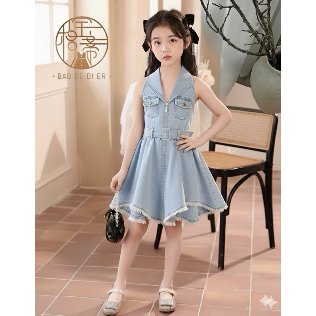 Đầm yếm jean xoè bé gái cổ bẻ phối thắt lưng dễ thương cho mẹ và bé gái 15-55kg , váy đầm yếm jean bé gái,váy jean bé