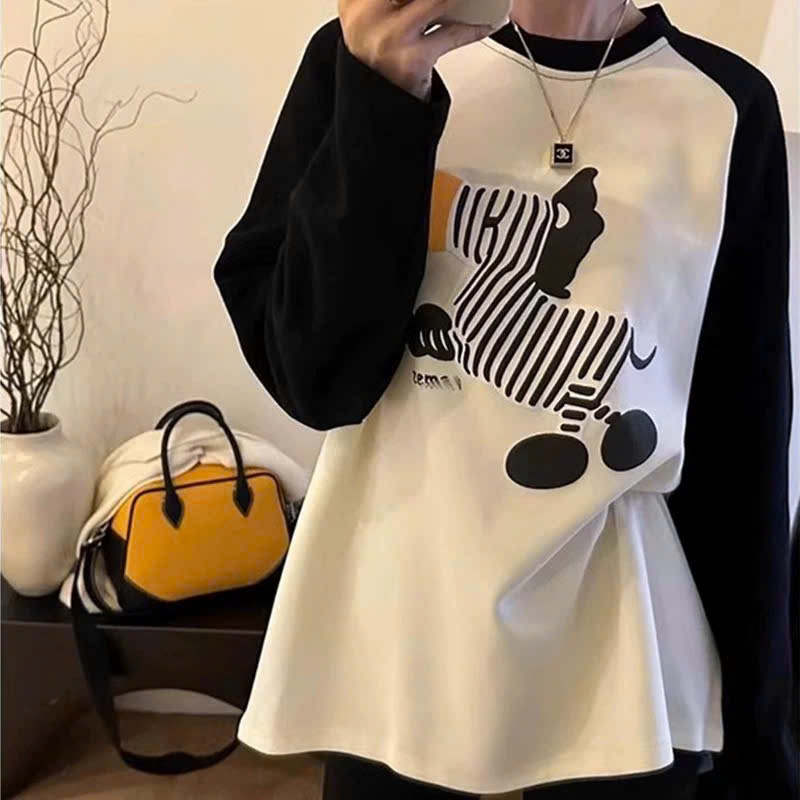 Áo dài tay nữ dáng rộng dài, phối màu in hình trẻ trung JULY FASHION,Áo thun nữ tay dài, Áo phông chất cotton xượt mềm