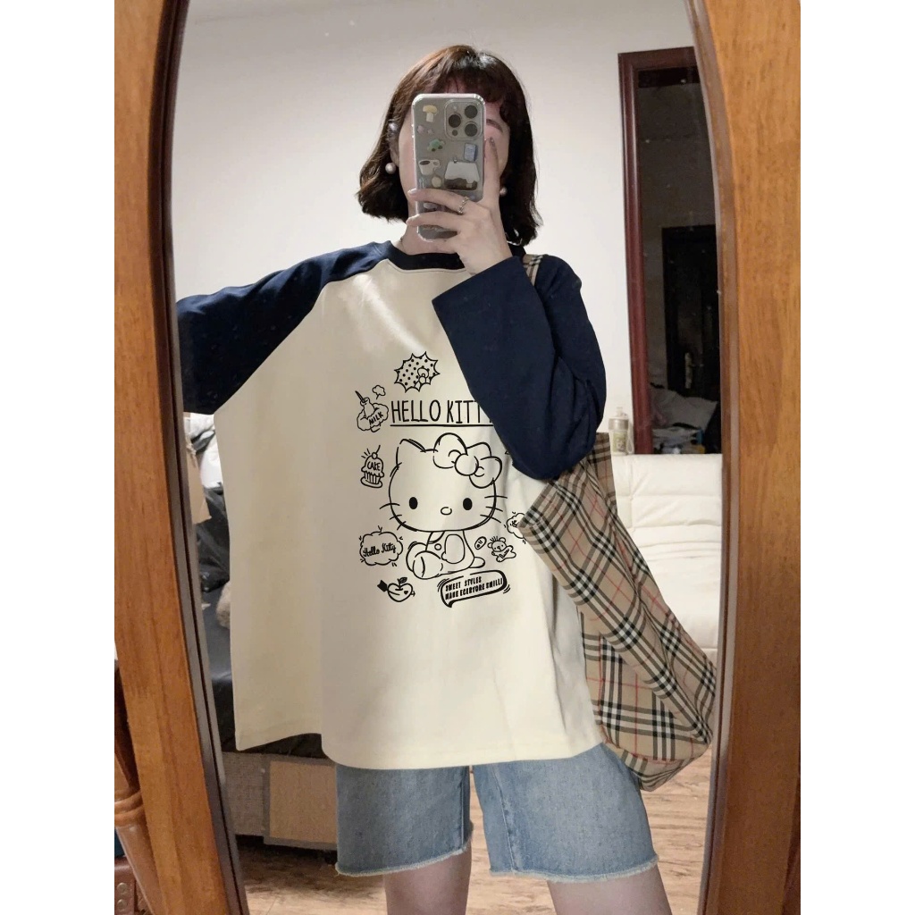 Áo dài tay nữ dáng rộng dài, phối màu in hình trẻ trung JULY FASHION,Áo thun nữ tay dài, Áo phông chất cotton xượt mềm