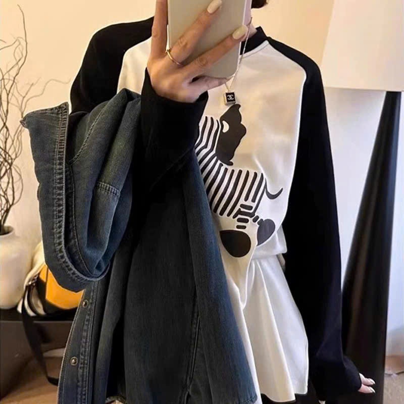 Áo dài tay nữ dáng rộng dài, phối màu in hình trẻ trung JULY FASHION,Áo thun nữ tay dài, Áo phông chất cotton xượt mềm