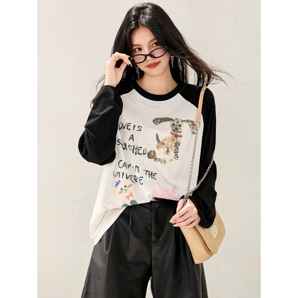 Áo dài tay nữ dáng rộng dài, phối màu in hình trẻ trung JULY FASHION,Áo thun nữ tay dài, Áo phông chất cotton xượt mềm