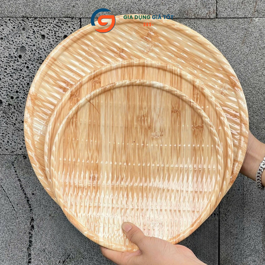 Mẹt nhựa melamin giả vân gỗ tròn - đĩa bày đồ ăn, bún đậu, trái cây, bánh trái, mâm cúng sang trọng
