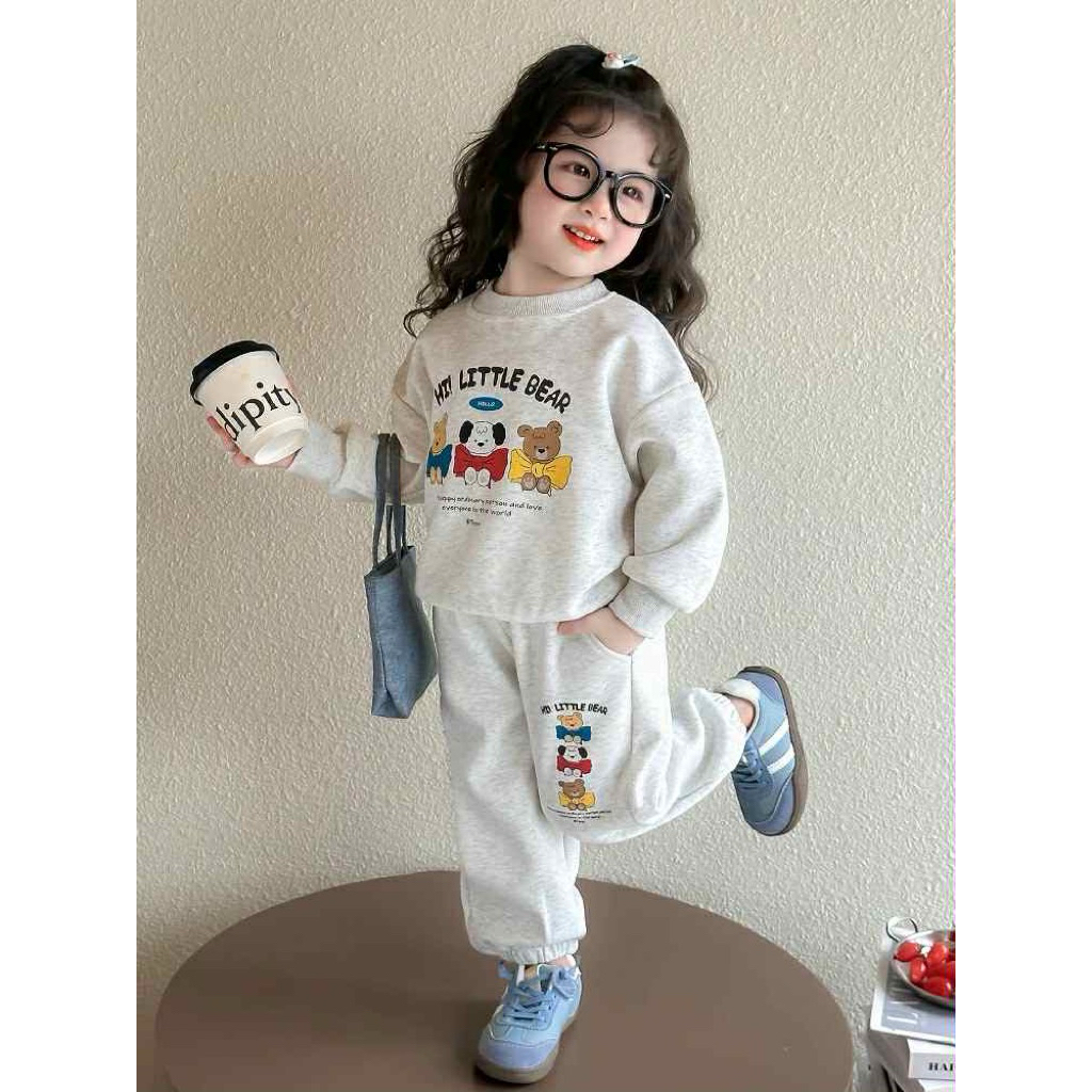 Bộ quần áo thu dông cho bé gái 13-32kg mẫu LITTLE BEAR , chất nỉ bông, mềm mịn, xinh xắn cho bé
