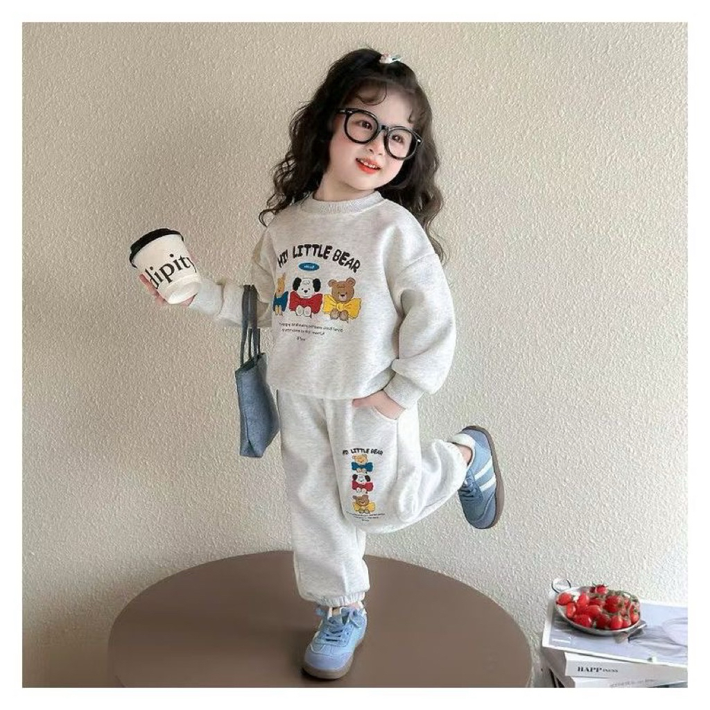 Bộ quần áo thu dông cho bé gái 13-32kg mẫu LITTLE BEAR , chất nỉ bông, mềm mịn, xinh xắn cho bé
