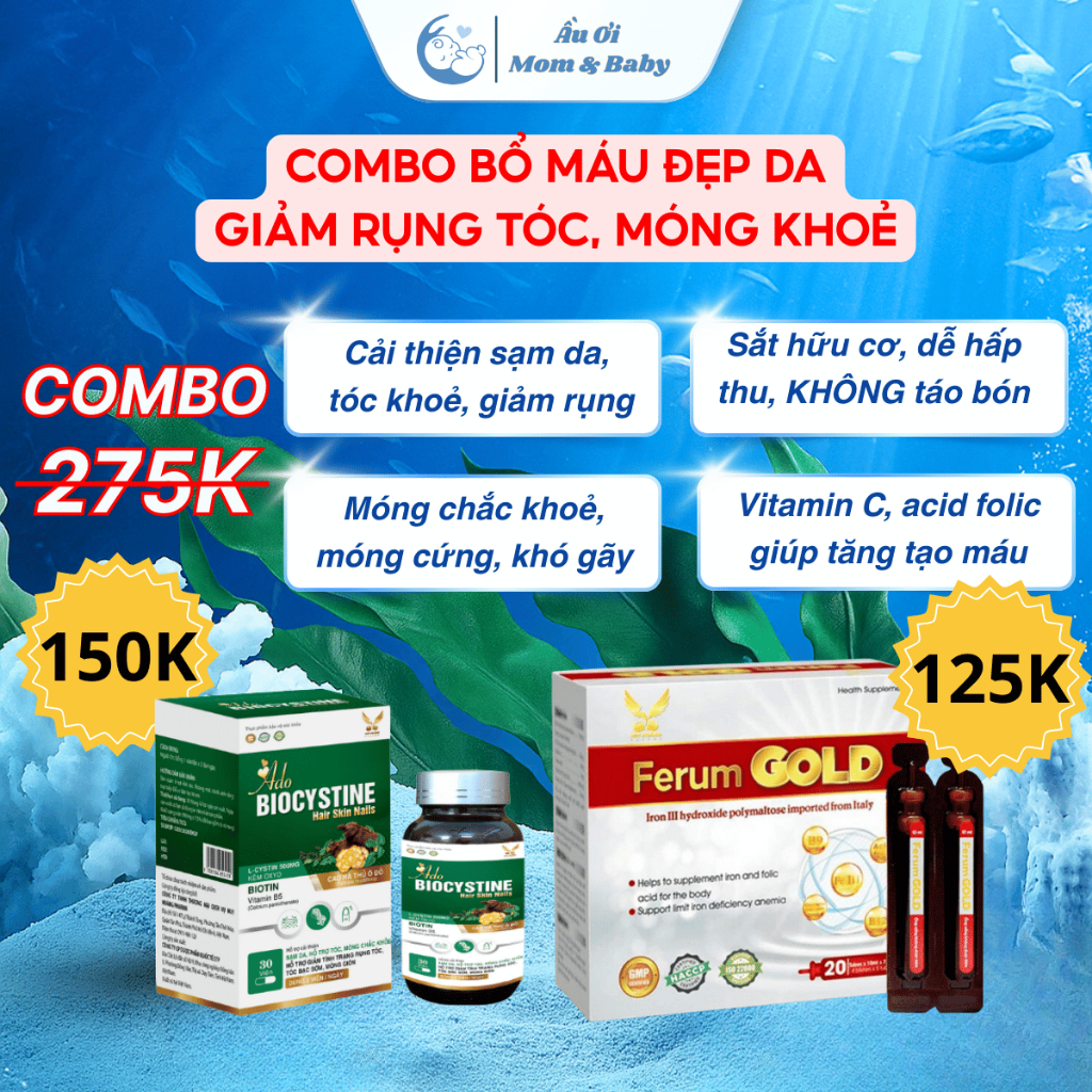 [COMBO MỌC TÓC] Ado Biocystine Ferum Gold Hỗ Trợ Mọc Tóc, Dưỡng Móng, Bổ Sung Máu Tạo Hồng Cầu