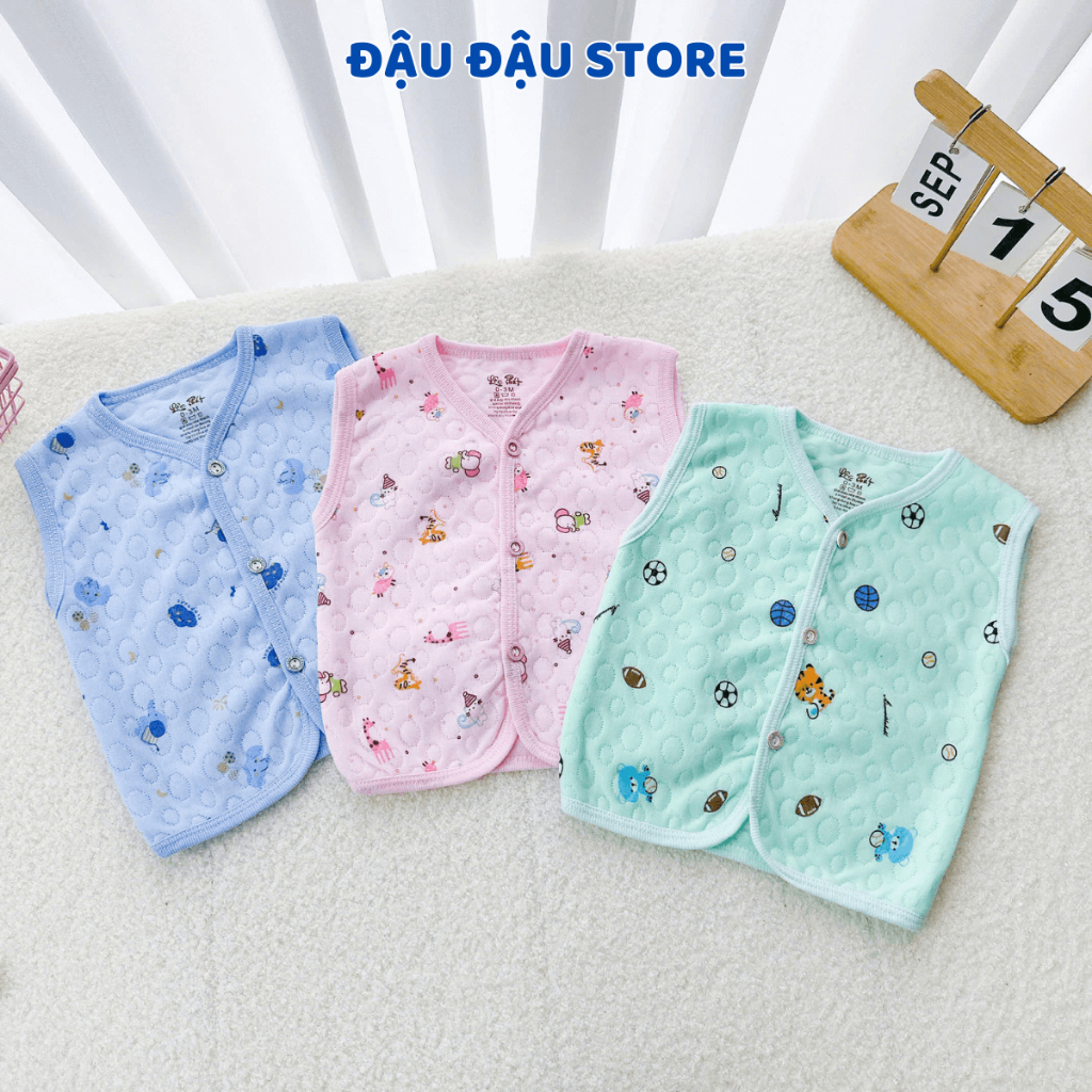 (Set 3-5) Áo Gile Xốp Trần Bông Cho Bé Sơ Sinh Mùa Đông Cúc Giữa cho bé trai gái 3-13 kg -  AXOP02 Đậu Đậu Store