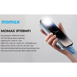 Pin Dự Phòng Momax iPower PD3 10000mAh kèm cáp LaiNing chuẩn MFI, USB-A 22,5W, TypeD PD 20W - Phụ Kiện Nhất Tín