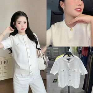 Áo len cardigan trắng tay ngắn cúc túi giả dáng basic thanh lịch Hàng Chuẩn Xịn