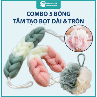 Combo 5 bông tắm dài và bông tắm tròn cao cấp, hàng nhập khẩu mềm mại tạo bọt tốt