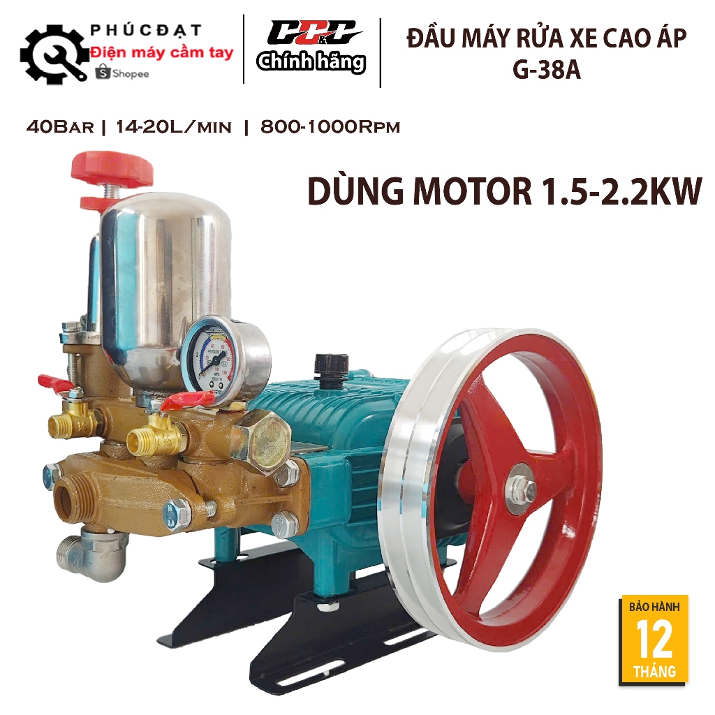 Đầu Máy Rửa Xe Piston Áp Lực Cao Dây Đai G-38A, Sử Dụng với Đầu Motor Kéo Dây Cu Roa 1.5-2.2 KW. BẢO HÀNH 12 THÁNG
