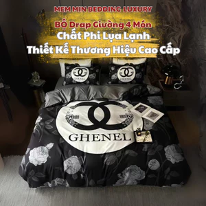 Bộ chăn ga thu đông phi lụa lạnh MemMinBedding Luxury thương hiệu cha,nel, Bear Brick họa tiết sắc nét - ST286