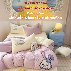 Bộ vỏ chăn ga gối Cotton Đũi Thêu 4 món Memminbedding Luxury họa tiết 5D dễ thương, mềm mịn, thoáng mát- ST312