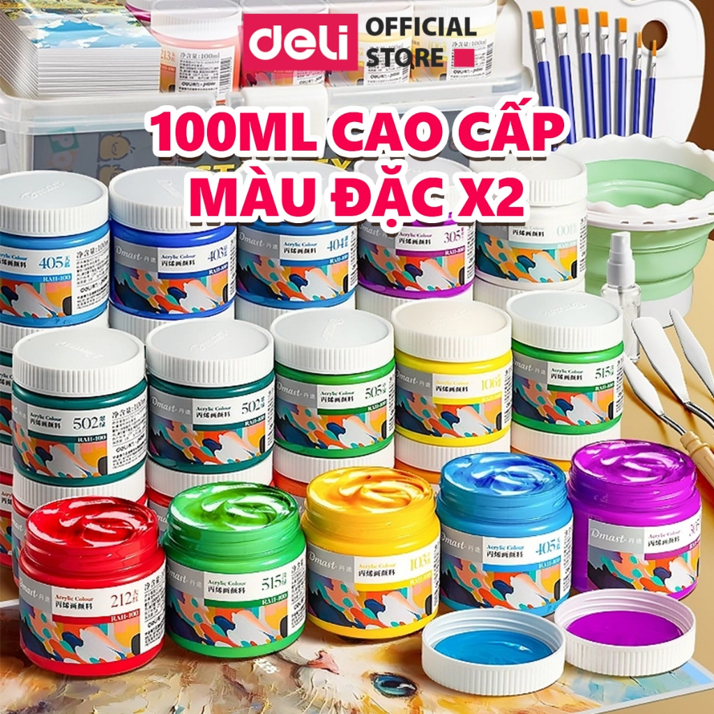 Màu Nước Acrylic Dmast Dạng Hũ 100ml Cao Cấp Deli - Dùng Để Custom Trên Vải Giày Tường Đá Full Bảng Màu Vẽ Chuyên Nghiệp