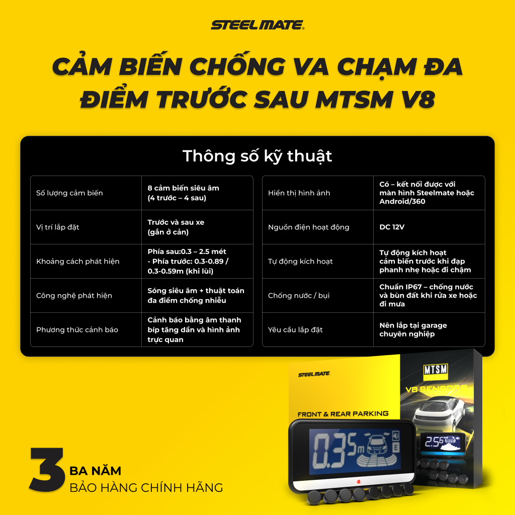 (HỎA TỐC) Cảm Biến Lùi & Tiến STEELMATE V8 | 8 Mắt Cảnh Báo Va Chạm Chính Xác | Lắp Trước Sau | Bảo Hành 3 Năm