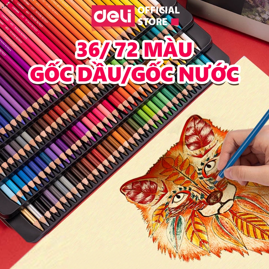 Bút Chì Màu Gốc Dầu/Gốc Nước 36 72 Màu Hộp Thiếc Cao Cấp Deli - Lõi 4mm Màu Đậm Mịn Vẽ Thiết Kế Tô Màu Chuyên Nghiệp