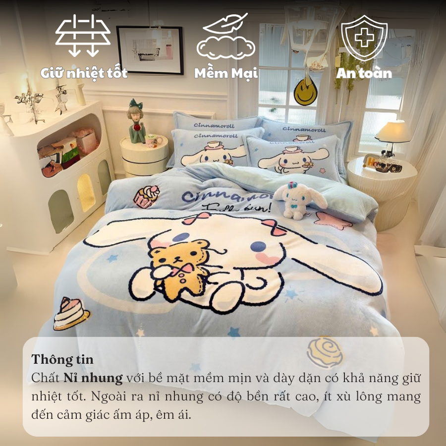Bộ Chăn Ga Gối Nỉ Nhung  MemMinBedding Luxury Hello Kitty,Kurumi,Lotso,Melody,Cinamorol,Khủng Long, dày dặn, ấm áp-SGN03
