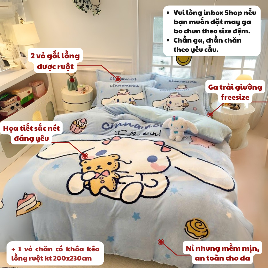 Bộ Chăn Ga Gối Nỉ Nhung  MemMinBedding Luxury Hello Kitty,Kurumi,Lotso,Melody,Cinamorol,Khủng Long, dày dặn, ấm áp-SGN03