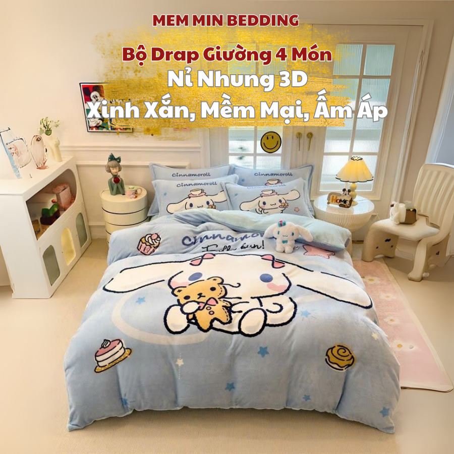 Bộ Chăn Ga Gối Nỉ Nhung  MemMinBedding Luxury Hello Kitty,Kurumi,Lotso,Melody,Cinamorol,Khủng Long, dày dặn, ấm áp-SGN03