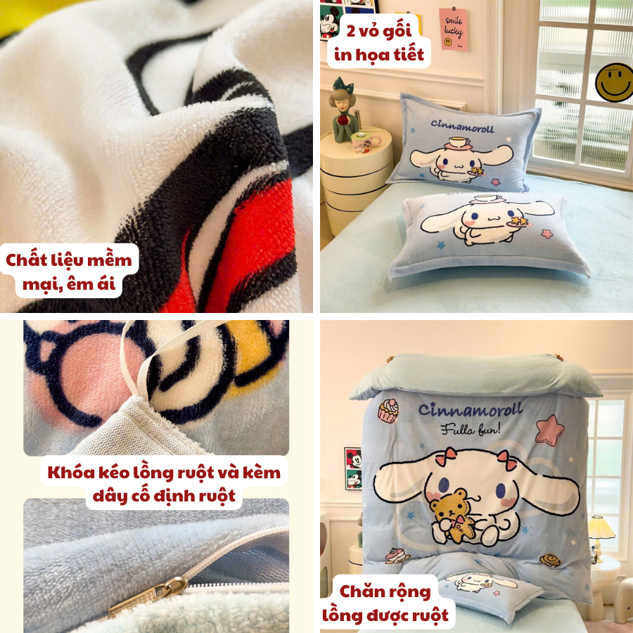 Bộ Chăn Ga Gối Nỉ Nhung  MemMinBedding Luxury Hello Kitty,Kurumi,Lotso,Melody,Cinamorol,Khủng Long, dày dặn, ấm áp-SGN03