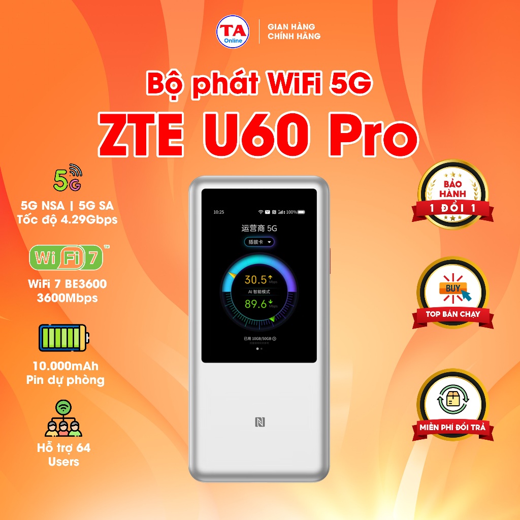 Bộ Phát WiFi 5G ZTE U60 Pro - WiFi 7 BE3600 Tốc độ 5G 4.29Gbps Pin 10 ...