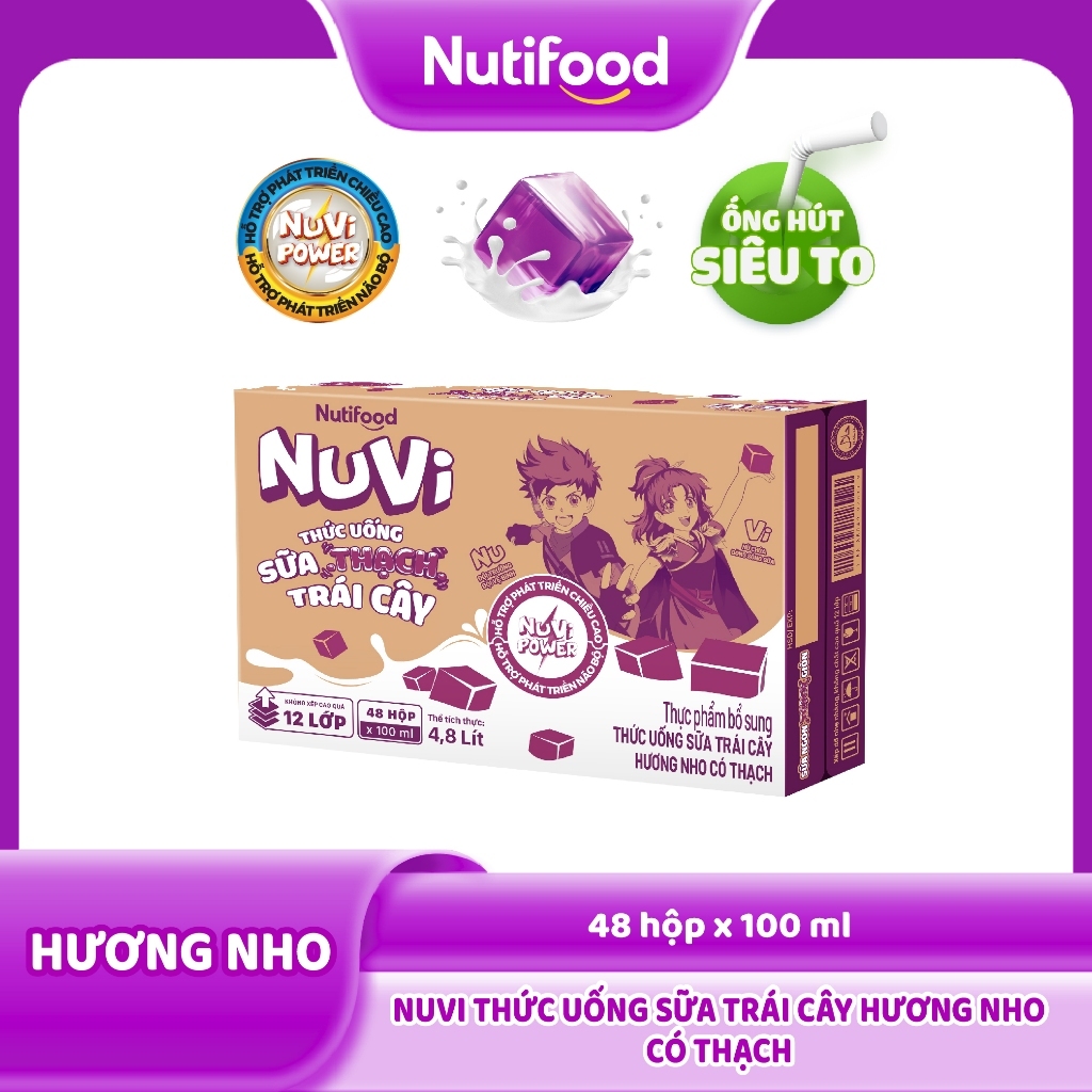 [KOL] Thùng 48 Hộp Thức Uống Sữa Có Thạch NuVi Chọn Vị 100ml