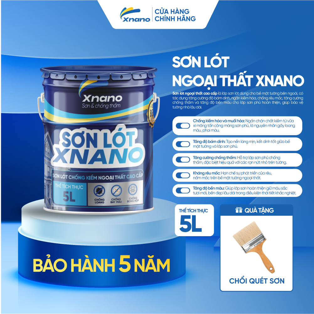 Sơn Lót Ngoại Thất XNANO 5L/18L – Chống Kiềm, Bám Dính Tốt, Chống Bong Tróc & Phai Màu | Bảo Hành 5 Năm + Tặng Chổi