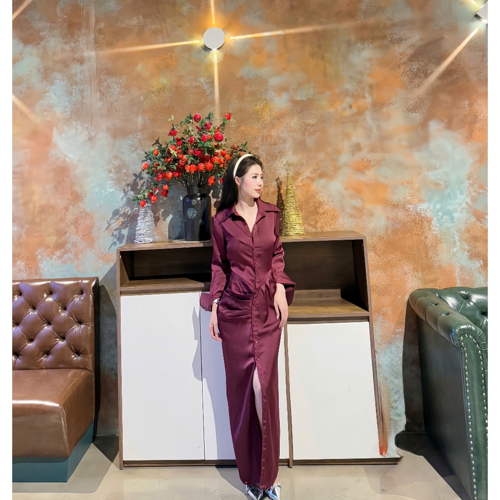 Đầm Sơ Mi Dài Màu Rượu Vang Sang Trọng – Thanh Lịch, Tôn Dáng, Dễ Mặc