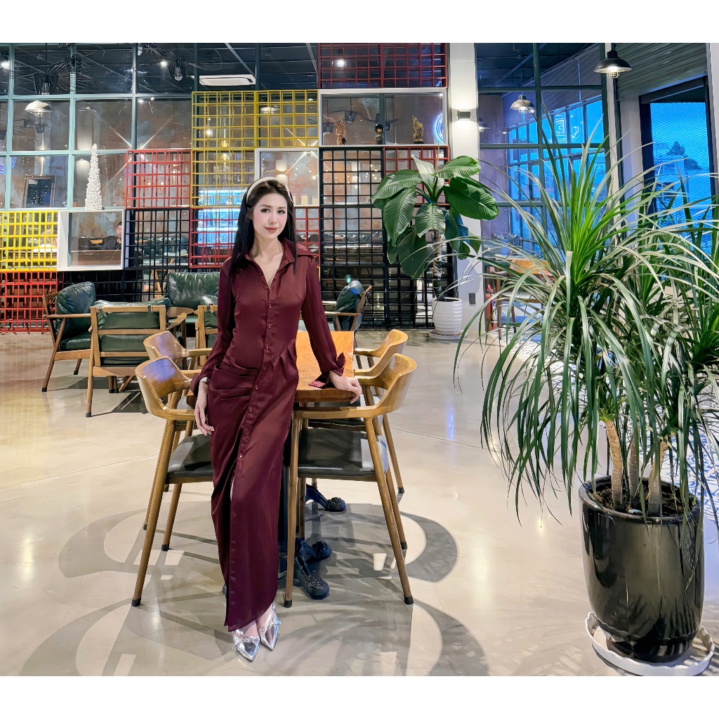 Đầm Sơ Mi Dài Màu Rượu Vang Sang Trọng – Thanh Lịch, Tôn Dáng, Dễ Mặc