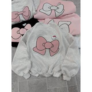 Áo nỉ cổ tròn chất nỉ mềm form rộng tay bồng - kitty + nơ hồng in hai mặt