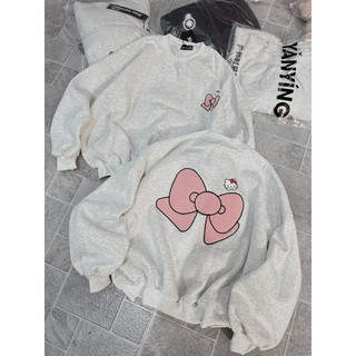 Áo nỉ cổ tròn chất nỉ mềm form rộng tay bồng - kitty + nơ hồng in hai mặt
