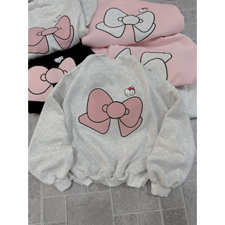 Áo nỉ cổ tròn chất nỉ mềm form rộng tay bồng - kitty + nơ hồng in hai mặt