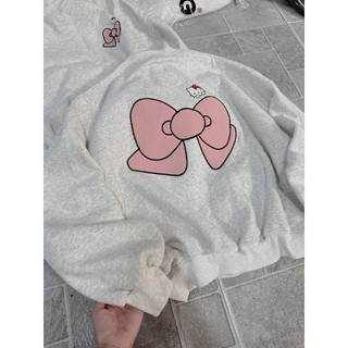 Áo nỉ cổ tròn chất nỉ mềm form rộng tay bồng - kitty + nơ hồng in hai mặt