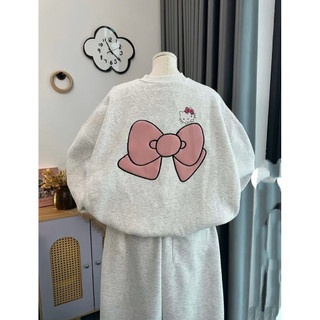 Áo nỉ cổ tròn chất nỉ mềm form rộng tay bồng - kitty + nơ hồng in hai mặt