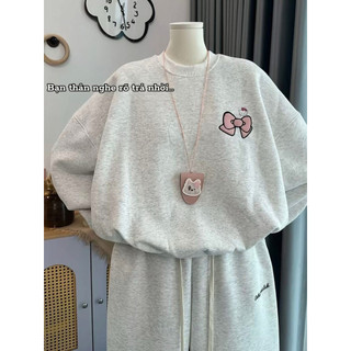 Áo nỉ cổ tròn chất nỉ mềm form rộng tay bồng - kitty + nơ hồng in hai mặt