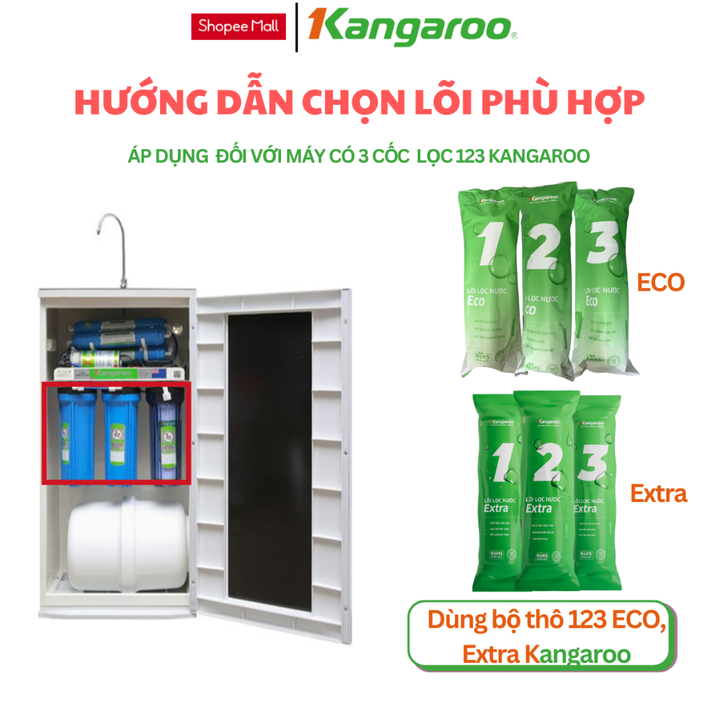 Combo 5 Lõi Lọc Thô Số 1 2 3 KANGAROO Chính Hãng Dùng Cho Máy Lọc Nước RO Có 3 Cốc Lọc 10Inch