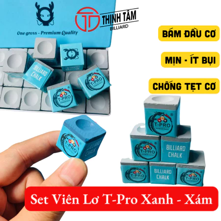 Combo 8 Viên Lơ Bida T-PRO Thịnh Tâm Xanh Xám Mịn, Phấn Lơ Bi-a TPRO Bám Đầu Cơ