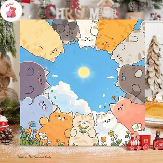( TẶNG SET 10 KHẨU TRANG) Tranh Số Hoá Mèo Selfie Hoạt Hình Tranh Tô Màu 20x20cm dễ thương đầy đủ cọ, màu, căng khung sẵ