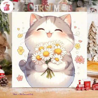 ( TẶNG SET 10 KHẨU TRANG) Tranh Số Hoá Mèo Ôm Cúc Hoạt Hình Tranh Tô Màu 20x20cm dễ thương đầy đủ cọ, màu, căng khung sẵ