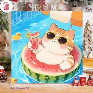 ( TẶNG SET 10 KHẨU TRANG) Tranh Số Hoá Mèo Dưa Hấu Hoạt Hình Tranh Tô Màu 20x20cm dễ thương đầy đủ cọ, màu, căng khung s