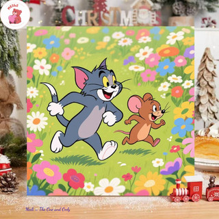 ( TẶNG SET 10 KHẨU TRANG) Tranh Số Hoá Mèo Dưa Hấu Hoạt Hình Tranh Tô Màu 20x20cm dễ thương đầy đủ cọ, màu, căng khung s