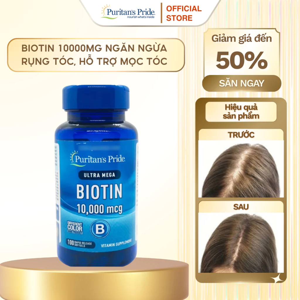 Hỗ trợ mọc tóc nhanh, giảm rụng tóc Ultra Mega Biotin 10000mcg Puritan’s Pride 100 viên của Mỹ